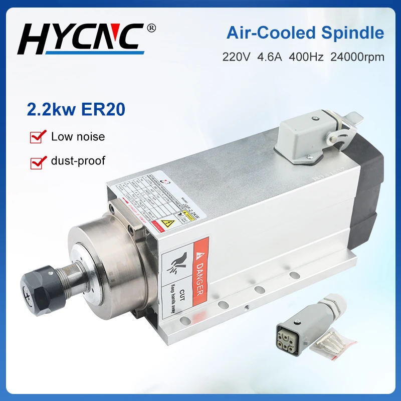 2.2KW Square Air-cooled Spindle Motor ER20 220V 380V 400Hz 24000rpm With Mounting Flange For CNC Milling And Engraving Machine