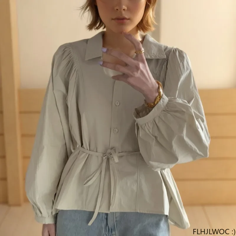 2024 Autumn Cotton Cute Turtleneck Tops Girls  New French Style Women Solid Blue Button Basic White Shirts Chic Korea Clothes