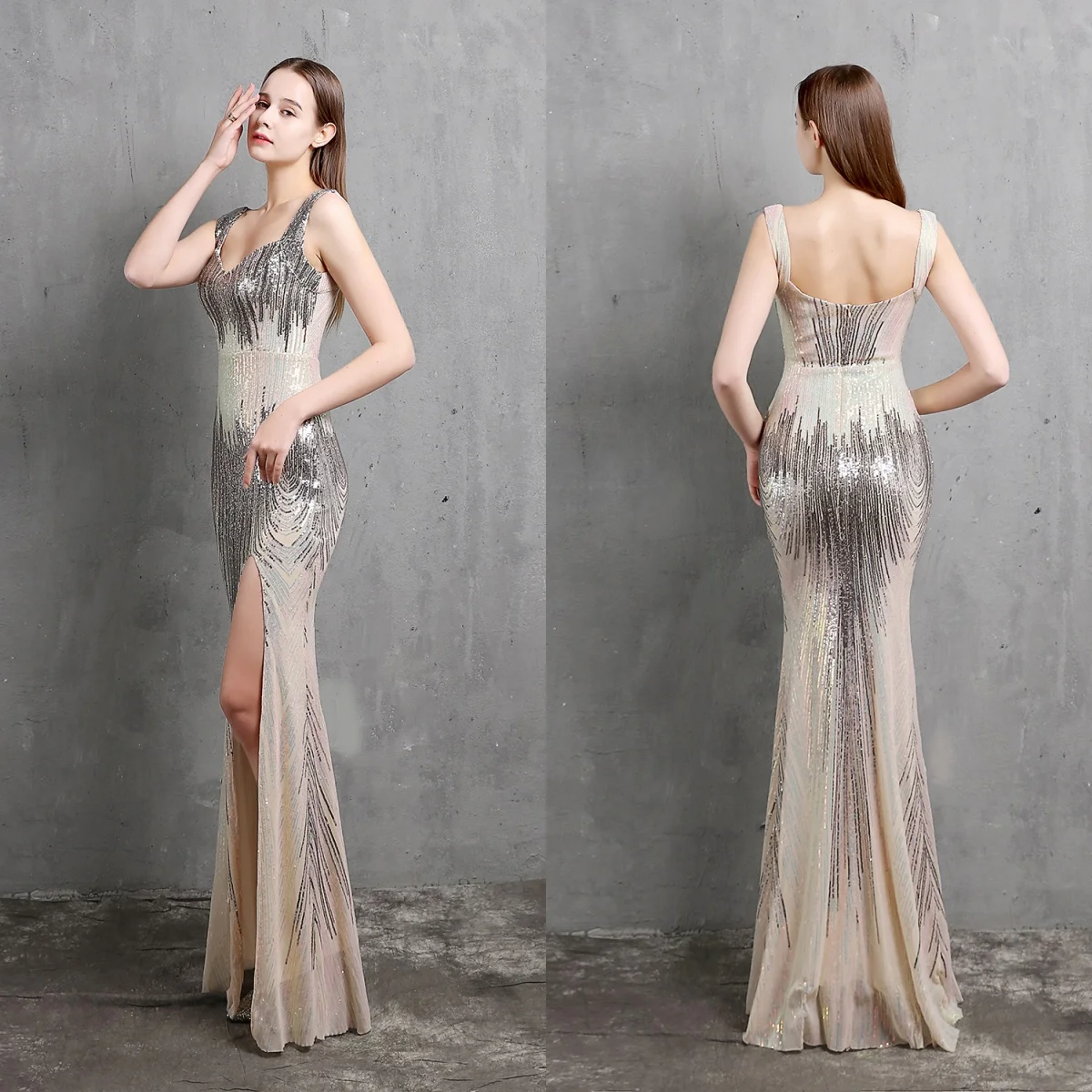 

Evening Dresses Champagne Sequins Stretchy Spaghetti Straps Zipper Mermaid Trumpet Floor Length Women Party Formal Gowns YE120