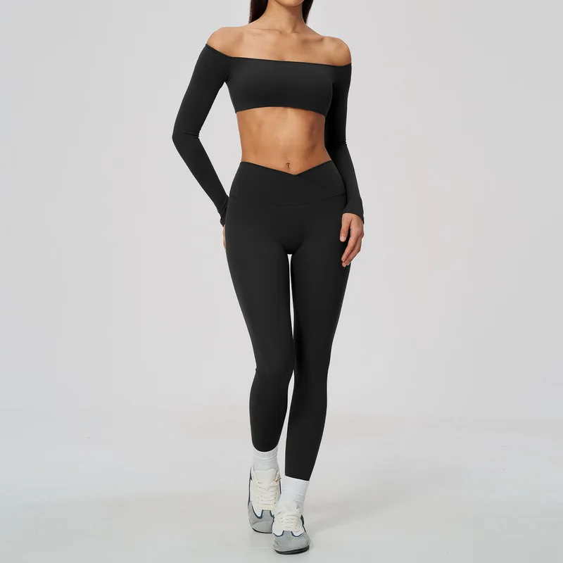 Women 2 Piece Yoga Workout Set Off Shoulder Long Sleeve Crop Top V Cross High Waist Leggings Seamless Fitness Outfit Suit
