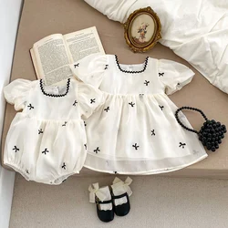 Summer Sisters Outfits Girl Infant Bow Puff Sleeve Bobydsuit Newborn Baby Mesh Cotton 1-6Yrs Fashion Princess Dress Kids Clothes