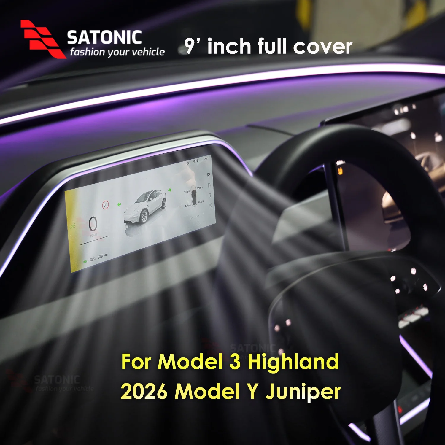 

SATONIC 9-дюймовый многофункциональный дисплей приборной панели для Tesla Model 3 Highland 2026 Model Y Juniper Поддержка беспроводного CarPlay