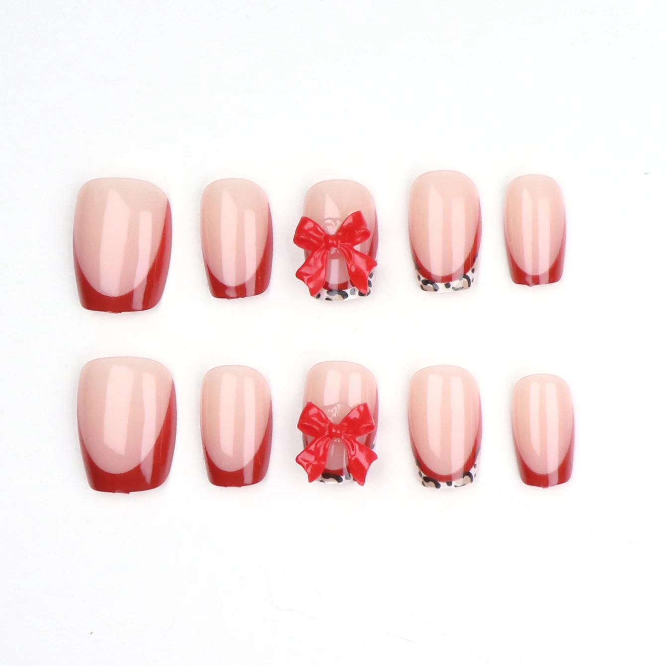 10PCS 10PCS- 레드 리본 모양 짧은 인조 손톱 - 풀 커버 인조 손톱 세트-1개 손톱 파일 & 1개 손톱 접착 스티커 키트