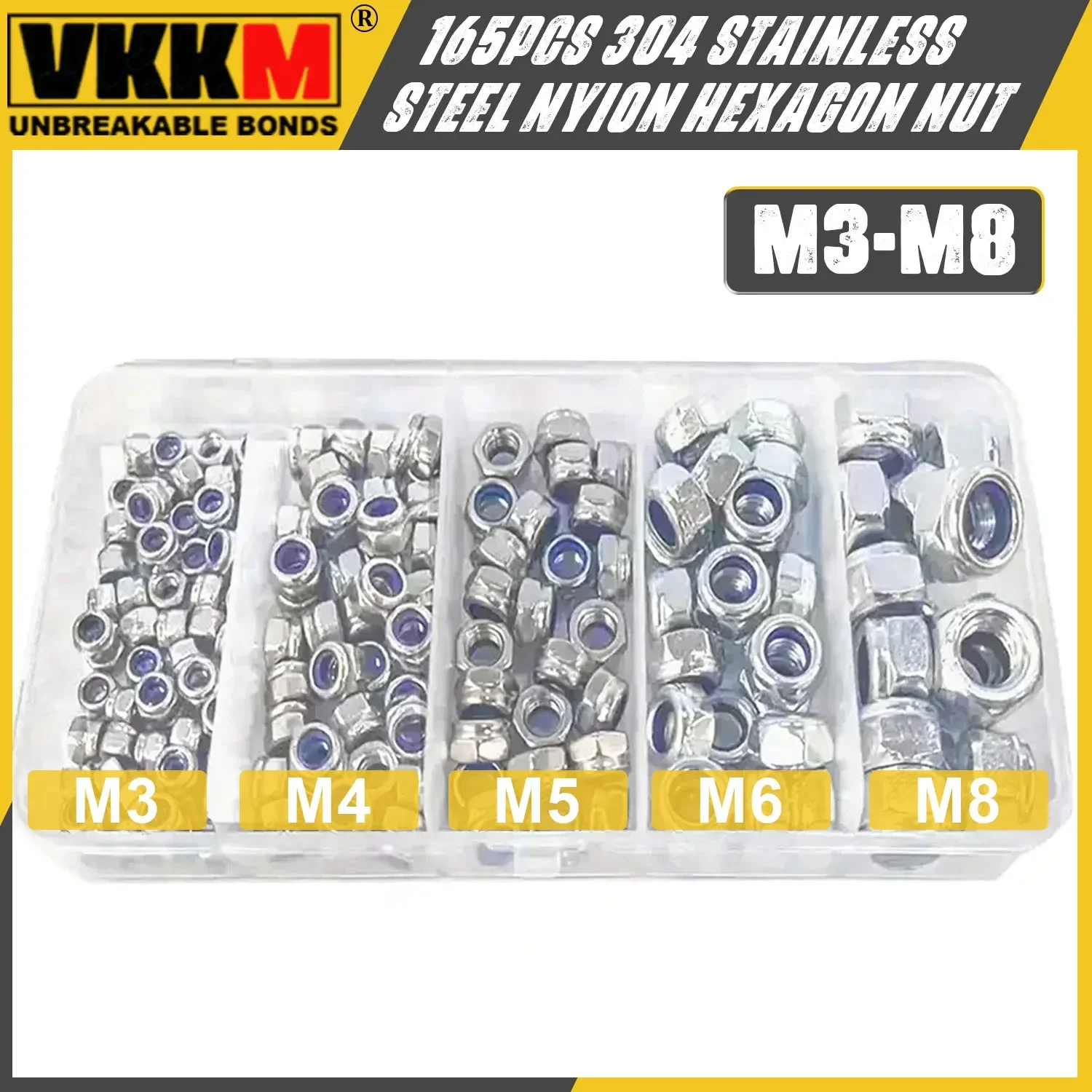 165 Piezas de Tuercas de Seguridad con Inserto de Nylon de Acero Inoxidable 304, Surtido de Tuercas Autoblocantes Hexagonales M3-M8