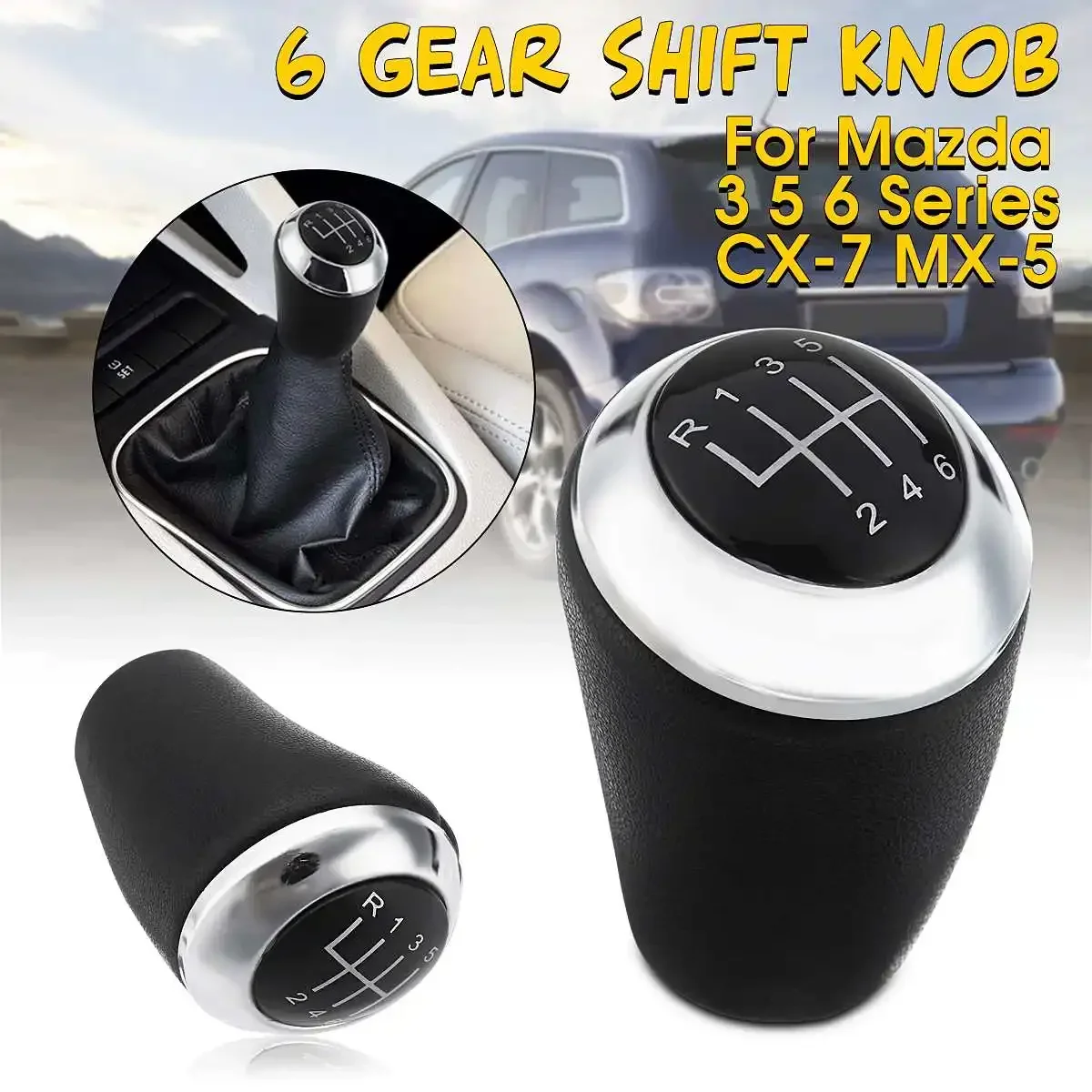 Chrome Leather 6 Speed Car Gear Shift Knob Gear Stick Shift Lever Knob For Mazda 3 5 6 Series CX-7 MX-5 2012 2011 2010 2009 2008