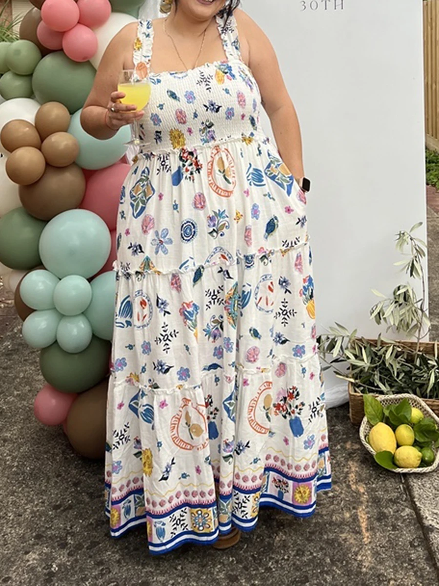 Vestido camisola largo con estampado Floral y frutal para mujer, traje de moda con Espalda descubierta, fruncido escalonado, corte A, sin mangas, para playa