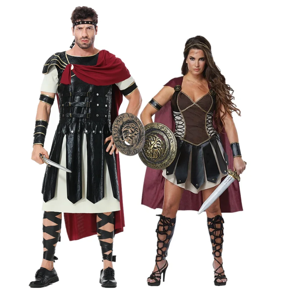 ฮาโลวีน Purim ผู้ใหญ่นักรบโรมันโบราณ Spartan Gladiator เครื่องแต่งกายอัศวิน Julius Caesar เครื่องแต่งกายสําหรับผู้ชายผู้หญิง