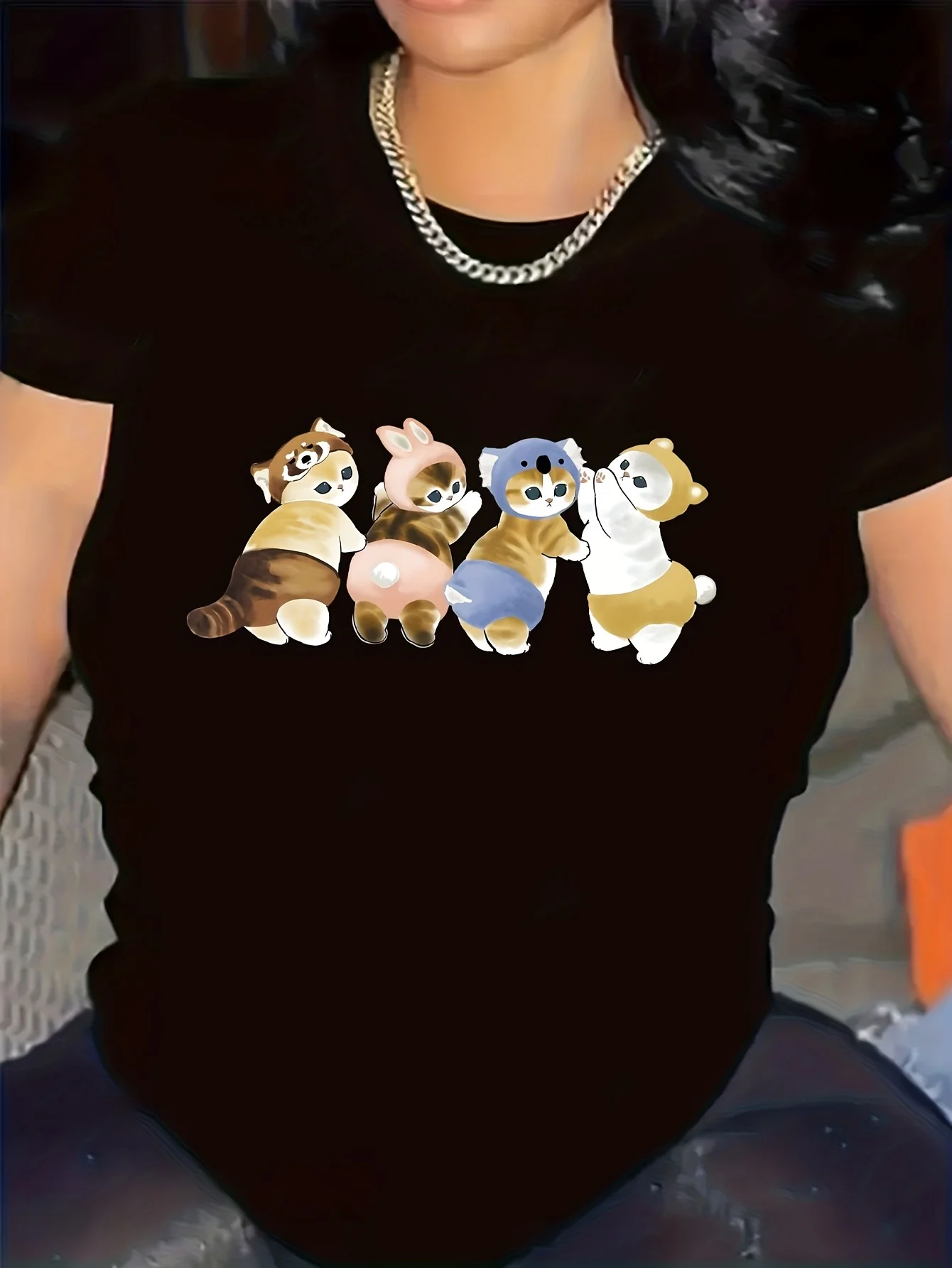 

Four Cute Kittens Pattern Printed Summer Women's T-shirt Top Short Sleeve Round Neck Casual Women's Tshirt Clothing