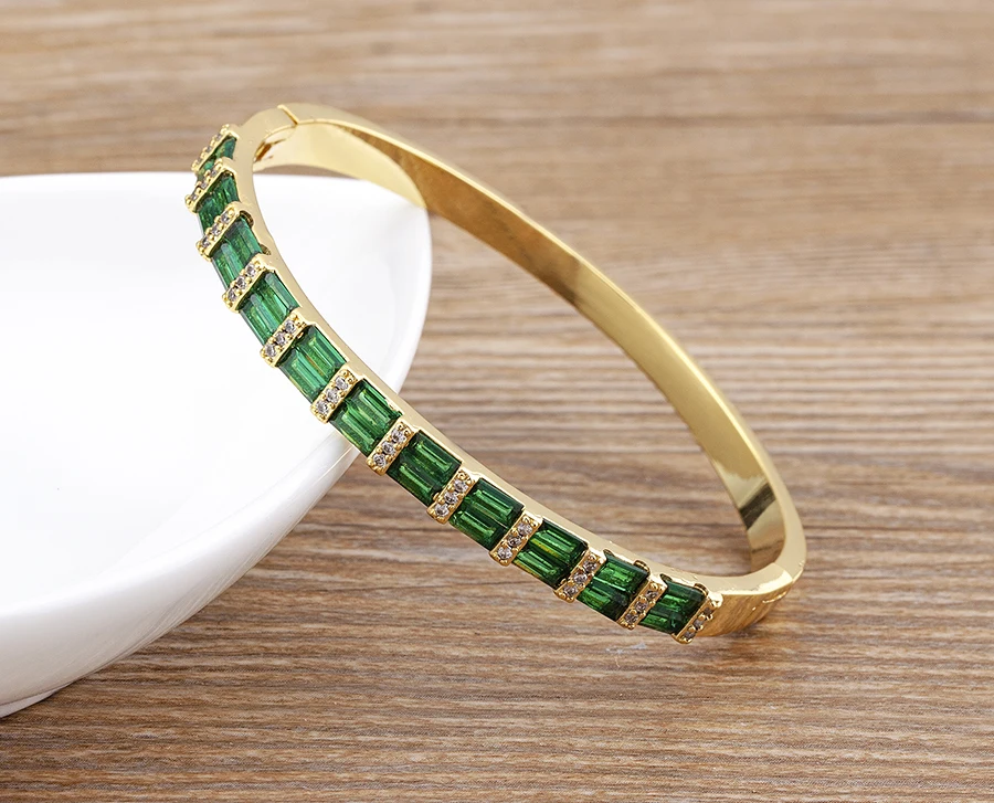 Nidin Neue Luxus Geometrische Zirkon Armband Armreifen Frauen Rosa Grün Blau Kristall Manschette Elegante Hochzeit Erklärung Schmuck – Detail 13