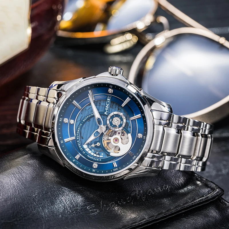 MIGE Brand bule couple mechanical stainless steel case women business watch night light waterproof luxury fashion watch for men