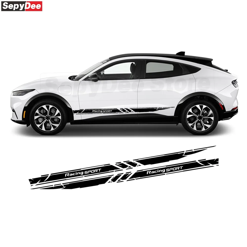 

2 шт., гоночный спортивный автомобиль, боковая полоса, наклейки на юбку для Ford Mustang Mach-E, виниловая наклейка, автомобильные аксессуары