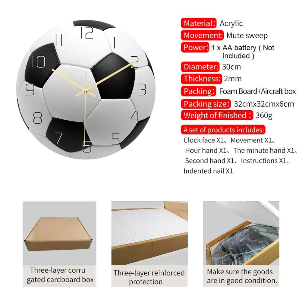 Creative Wall Clock Acrylic Football Design Hanging Clock Mute Movement Decorative Wall Clocks Decor for Living Room Bedroom Stu