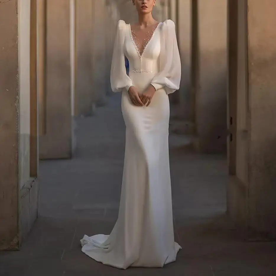 

Luxury Mermaid Trumpet Wedding Dress Bridal Gown Deep V-Neck Court Train Long Sleeves Evening Dress