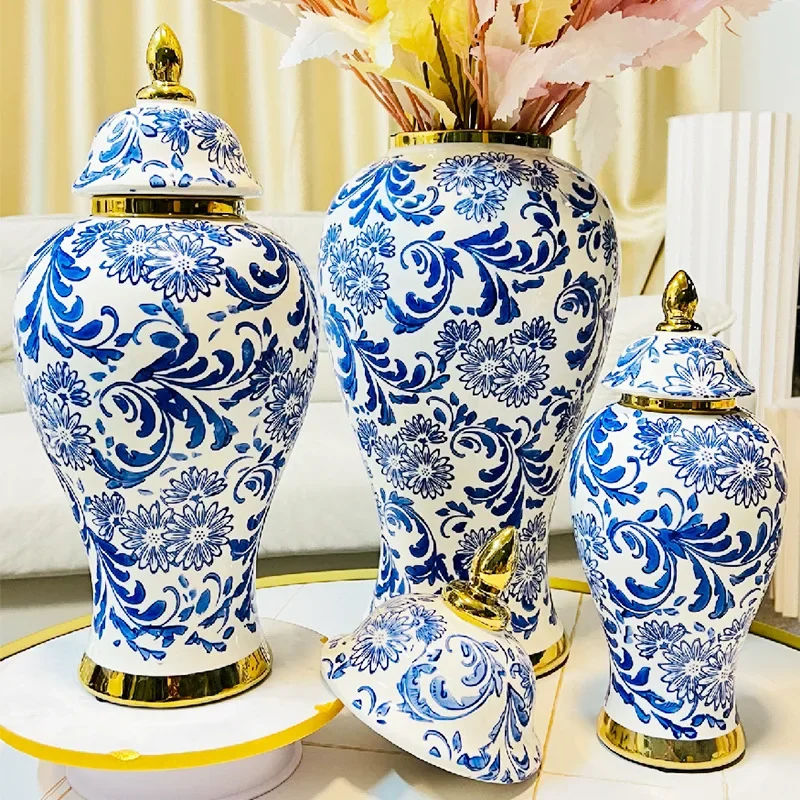 Ceramic General Jar Blue and White Ginger Cans Storage Tanks Flower Vase Chinese Handicraft Ornaments Home Decoration