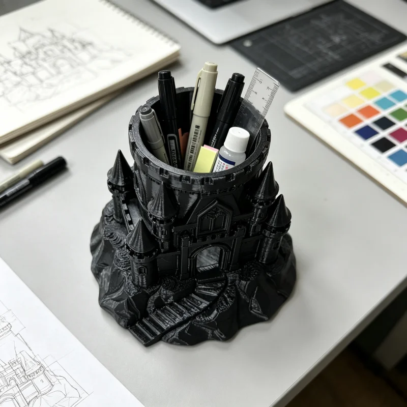 Gothic Medieval Castle-Shaped Desktop Pen Holder, Mountain Fantasy Castle Sculpture Ornament, Matte Petg Black Plastic, Sturdy and Durable, Multifunctional Desktop Pen Storage Box, Holds Pens, Scissors, Sticky Notes, and Other Small Stationery, Desktop Organizer for Home, Office, and Student Desks, Dark Fantasy Style Desktop Decoration, Novel and Creative Fantasy-Themed Desktop Decoration Gift