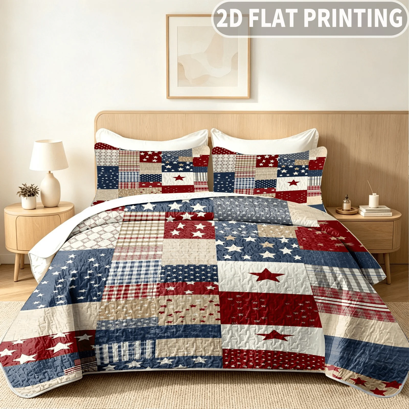 3pcs Quilted Durable Quilt Cover (1pc Quilt Bedspread + 2pcs Pillowcases Excluding Pillow Inserts), Stars And Stripes Design