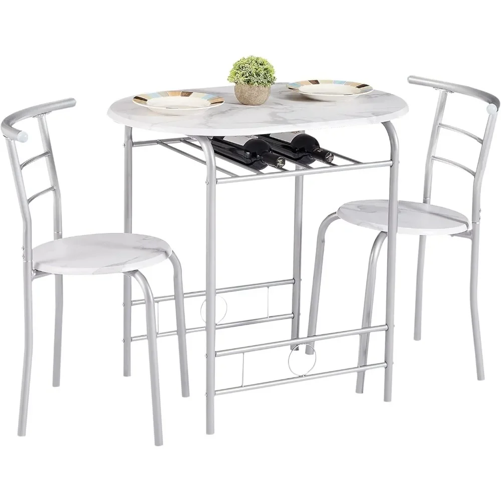 

3 Piece Small Round Dining Table Set for Kitchen Breakfast Nook, Wood Grain Tabletop with Wine Storage Rack,