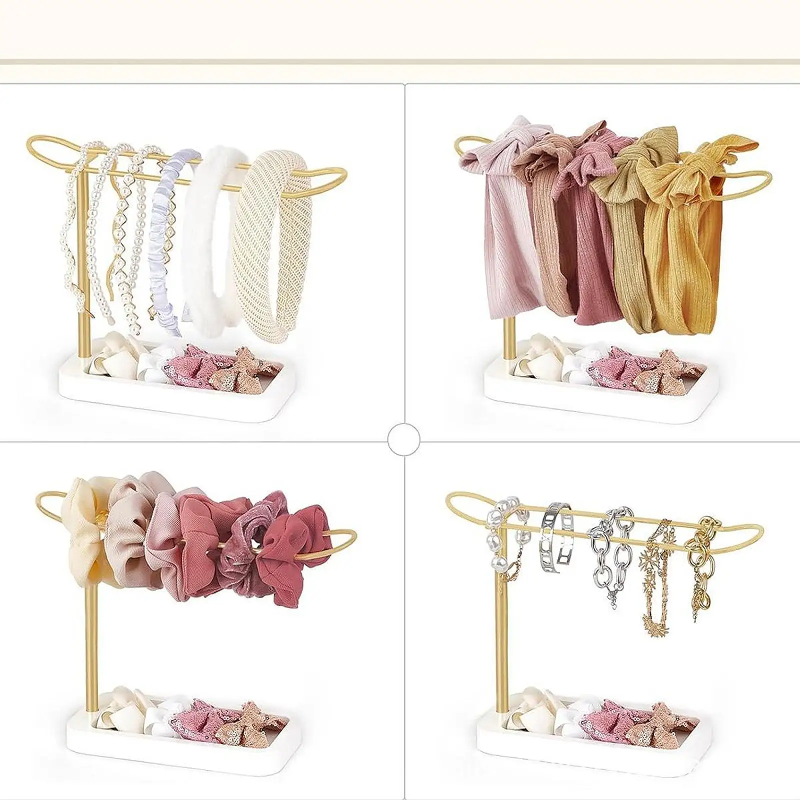 Hair Ties Scrunchie Holder Stand for Headbands Organizer Jewelry Display Rack White Gold Storage Tower for Bracelets Necklaces