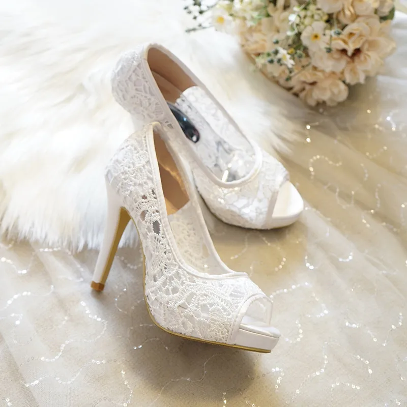 White Lace Wedding Party Shoes Bride Dress Pumps Peep Toe Stiletto High Heels Mesh Slip-on Low Waterproof Platform Large Size