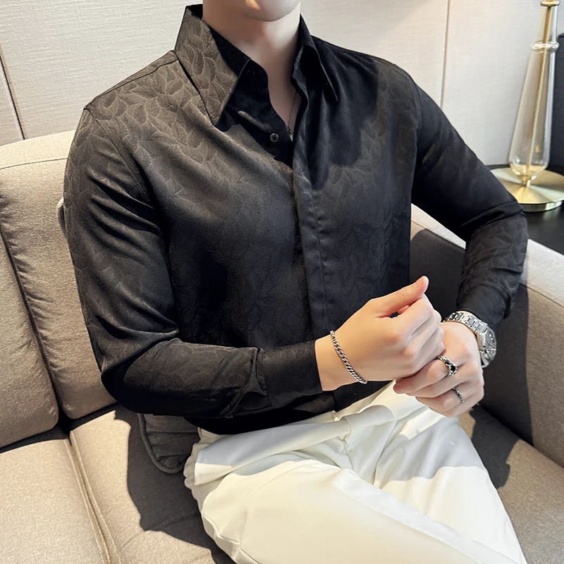 2024 New Luxury Dark Jacquard Shirts For Men High Quality Hidden Buckle Slim Fit Long Sleeve Formal Business Social Party Shirts