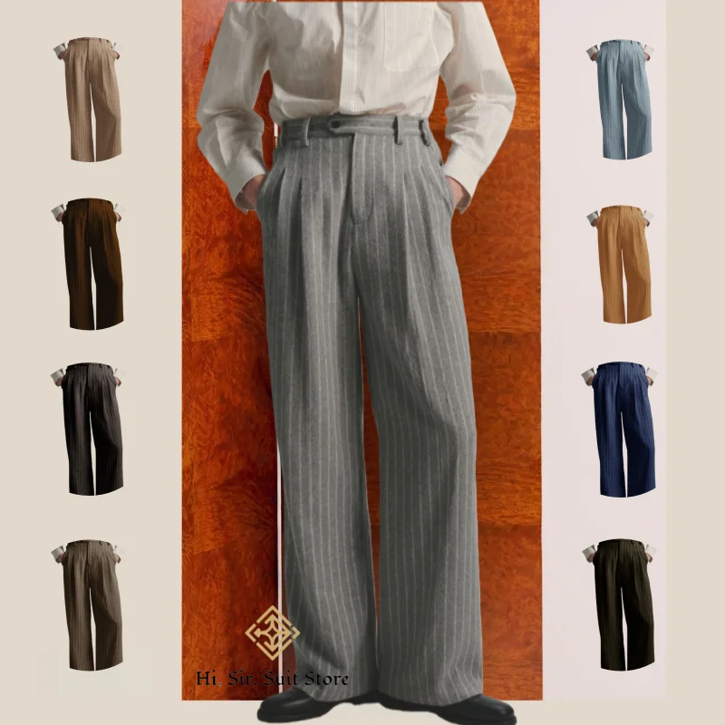 

Men's High-Street Vintage Striped Pants Drapey Silhouette Melange Old Money Style Elegant Casual Trousers for Gentlemen Fashion