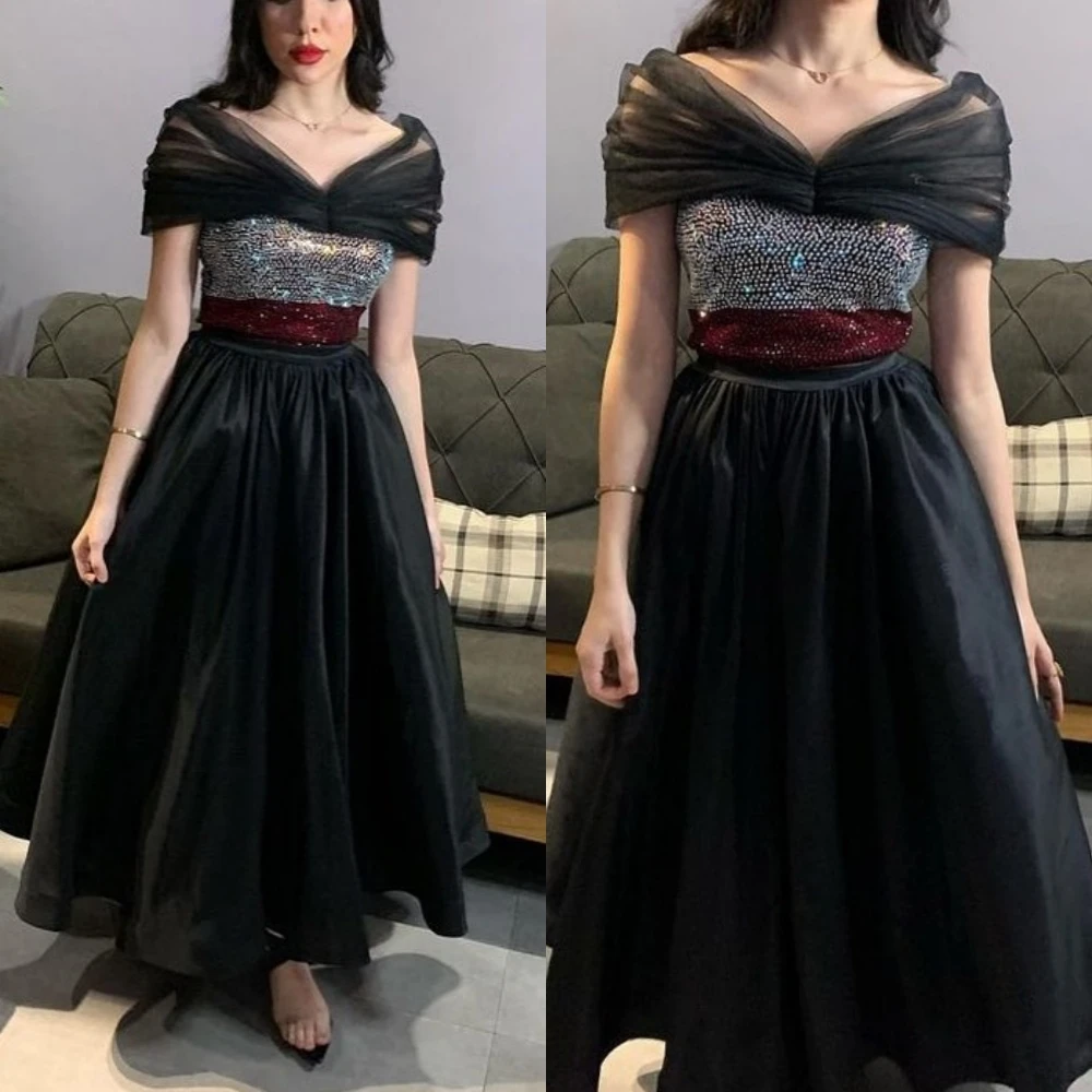 Mesprit Exquisite Off the Shoulder A-line Draped Beading Tulle Satin Bespoke Occasion Dresses Prom 