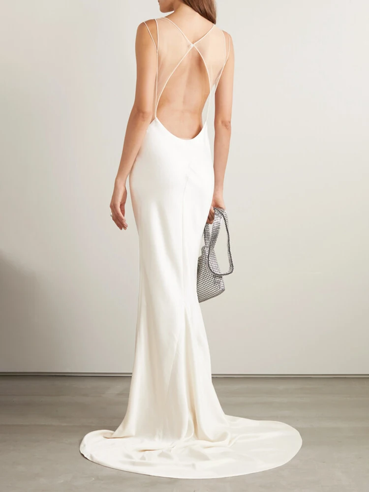 ホワイト オープンバック ロング ドレス チュール トリム サテン ノースリーブ ラウンドネック スリム エレガント パーティー イブニング ドレス