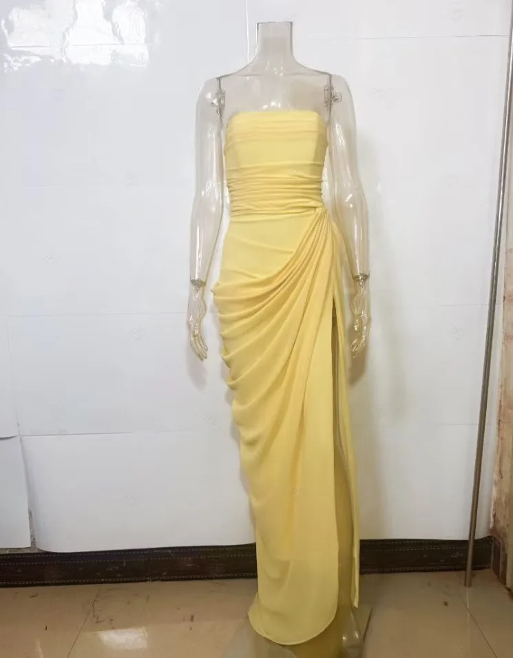 Mingmingxi Spring Summer Yellow Strapless Maxi Dress Ruched High Slit Evening Gown Bodycon Wedding Guest Party Dress Women