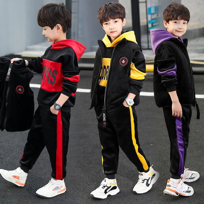 

Children's clothing for boys, autumn and winter, 2025 style, cool boys, middle and large children, fleece casual three-piece set