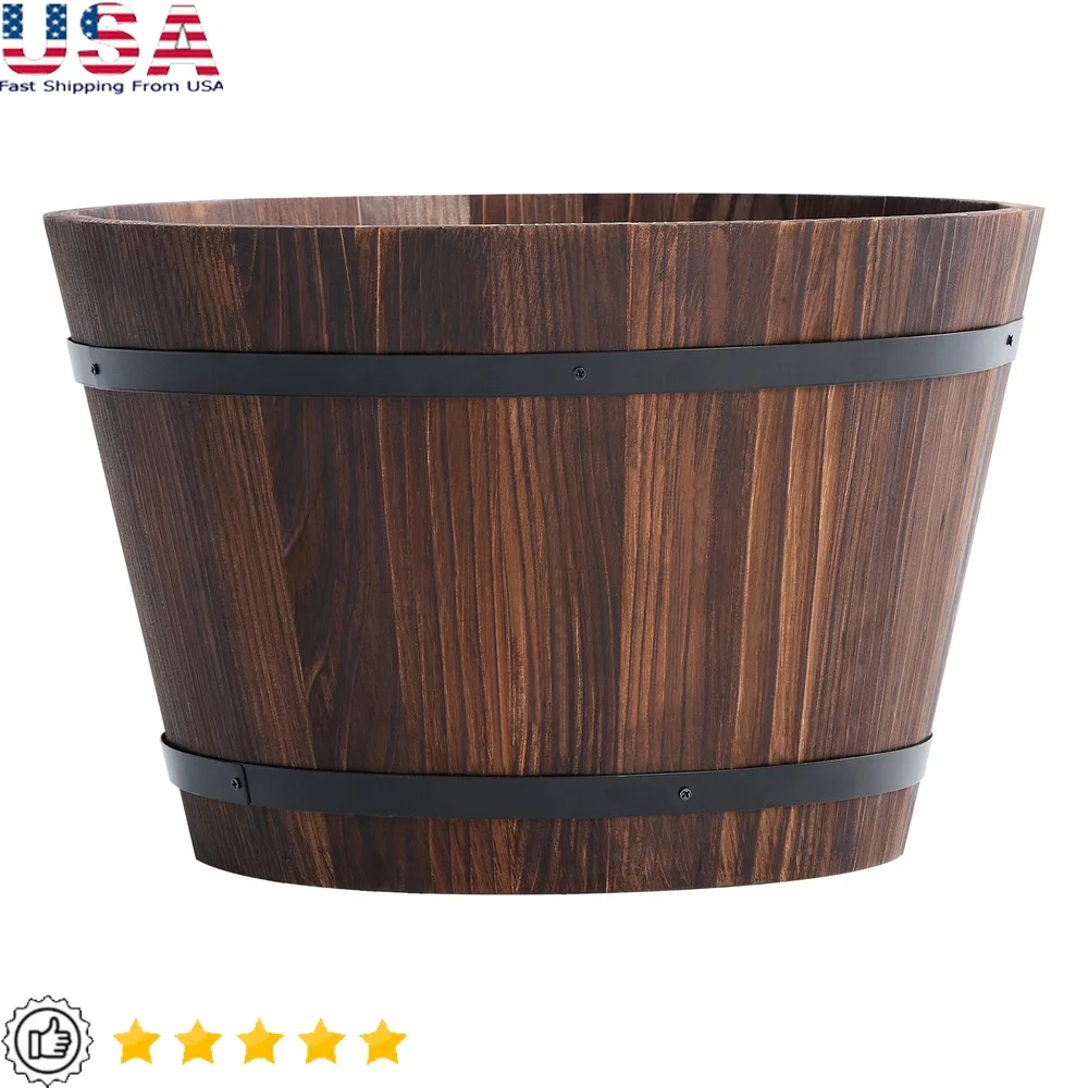 

Rustic Wood Whiskey Barrel Planter with Drainage Hole Outdoor Garden Vegetables Herbs Flowers Durable Design 17 Inch