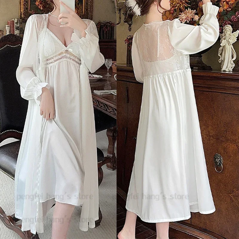 

Роскошная свадебная ночная рубашка и халат для невесты, комплект женского длинного ночного платья, кимоно из ледяного шелка, халат, сексуальная сорочка, одежда для сна, нижнее белье