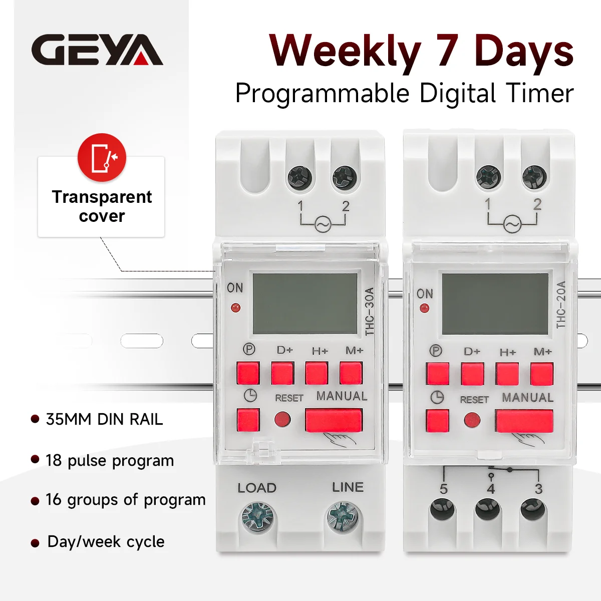 

GEYA 1NO1NC THC 30A Din Rail single phase Electronic Weekly 24Hours 7Days Programmable Digital LCD TIME Switch Relay Timer 220V