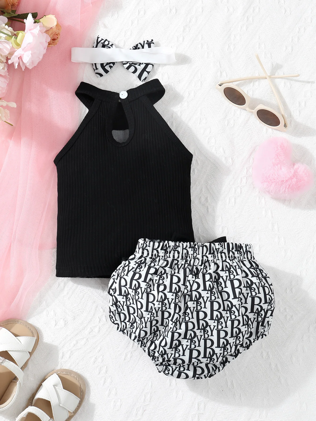 الوليد الصيف لطيف عارضة Lmitation العلامة التجارية المطبوعة الرقبة حزام أكمام أعلى ومزدوجة الدانتيل القوس مثلث السراويل مجموعة #2