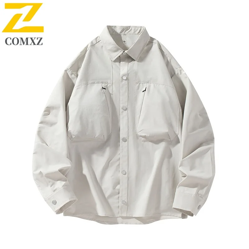 COMXZ 2025 Mens American Workwear Poplin Jacket Vintage Khaki Waterproof Coat