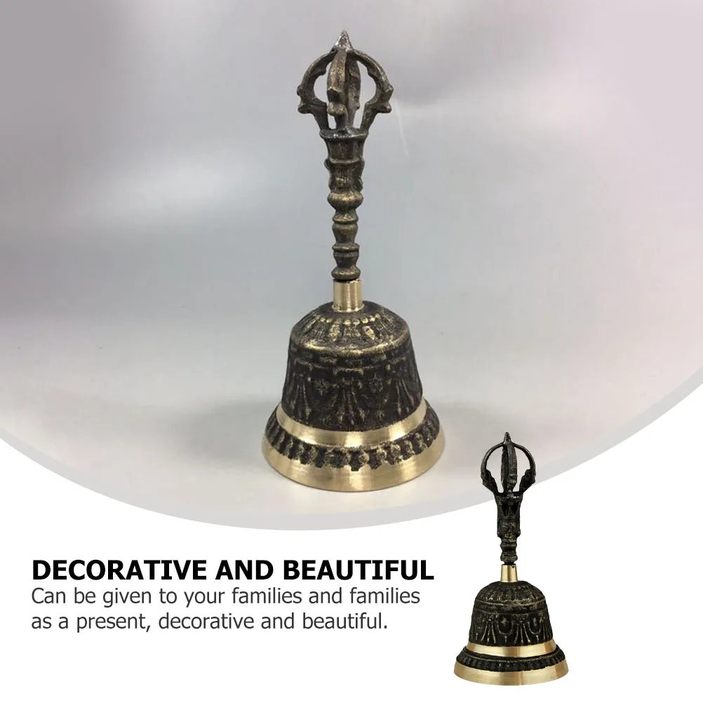 

Black Bell Handle Metal Decorative Bell Buddhism Tabletop Handbell Retro Style for Home Festive Atmosphere