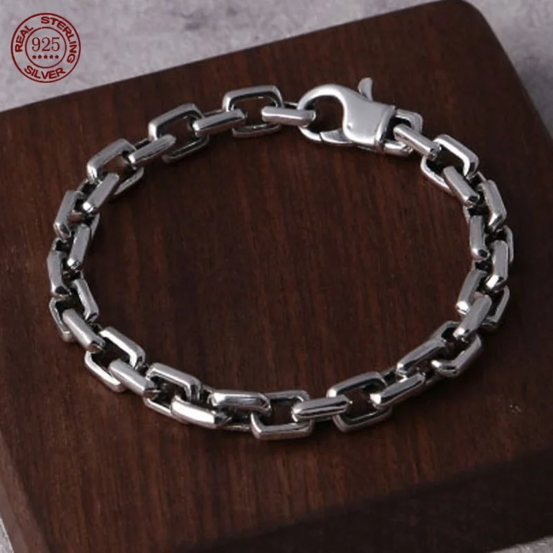 

S925 Sterling Silver Jewelry Accessories Classic personality retro trendy fashion men's bracelet Square ring buckle holiday gift