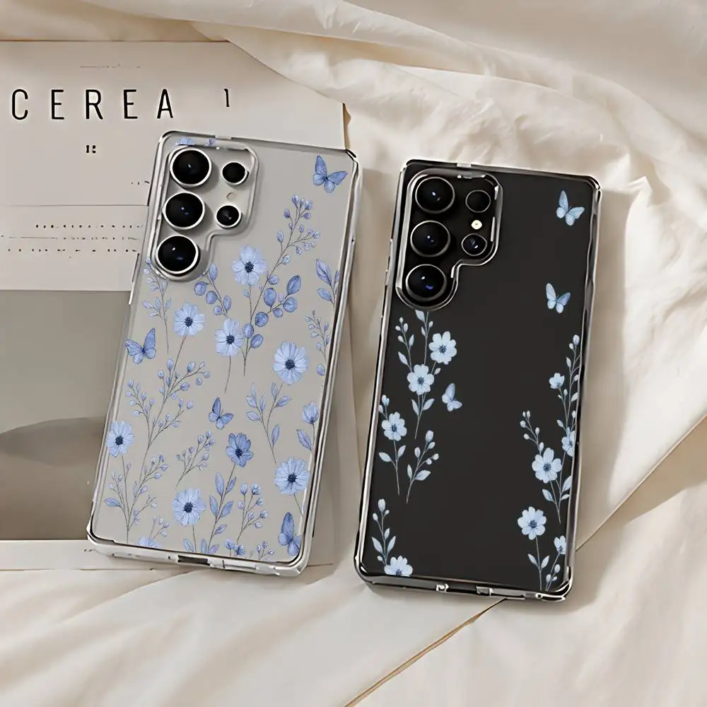Milk White Base Blue Flower Butterfly Phone Case For Samsung Galaxy S21 S22 S23 S24ULTRA S25ULTRA FE Ultra Plus5G A52S S26 Cover
