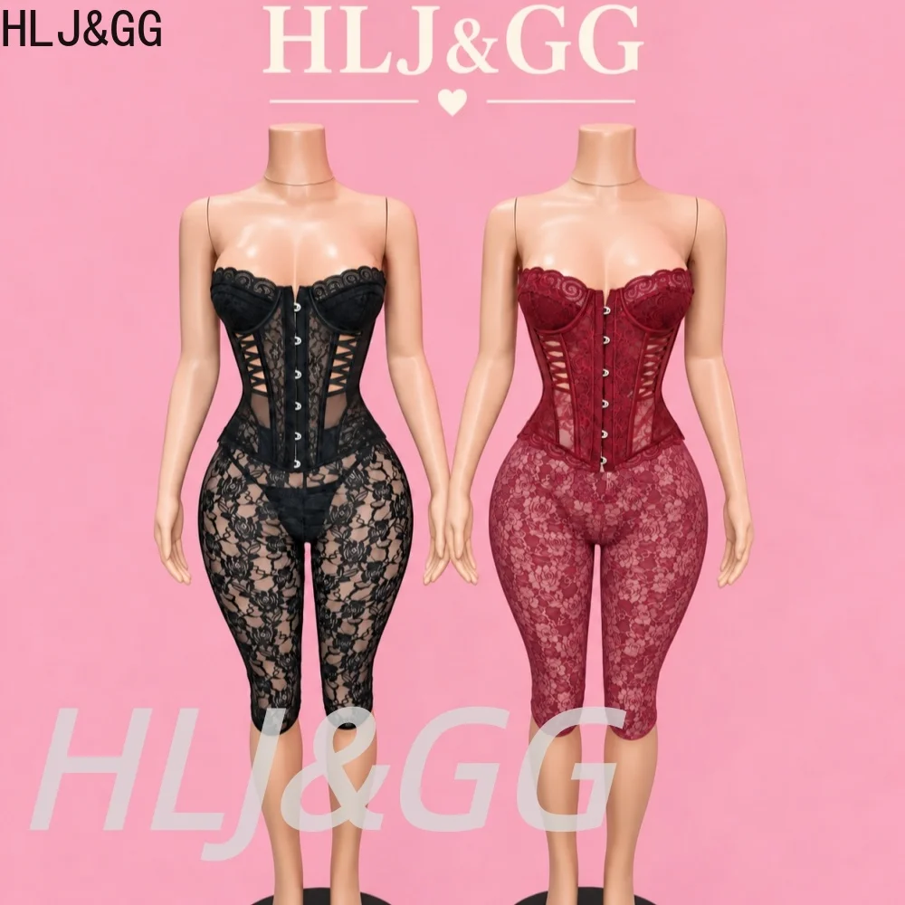 HLJ&GG Women's Strapless Floral Lace Corset Top Capri Pants 2 Piece Set Sexy Side Cut Out Sheer Slim Bodycon Clubwear Outfits