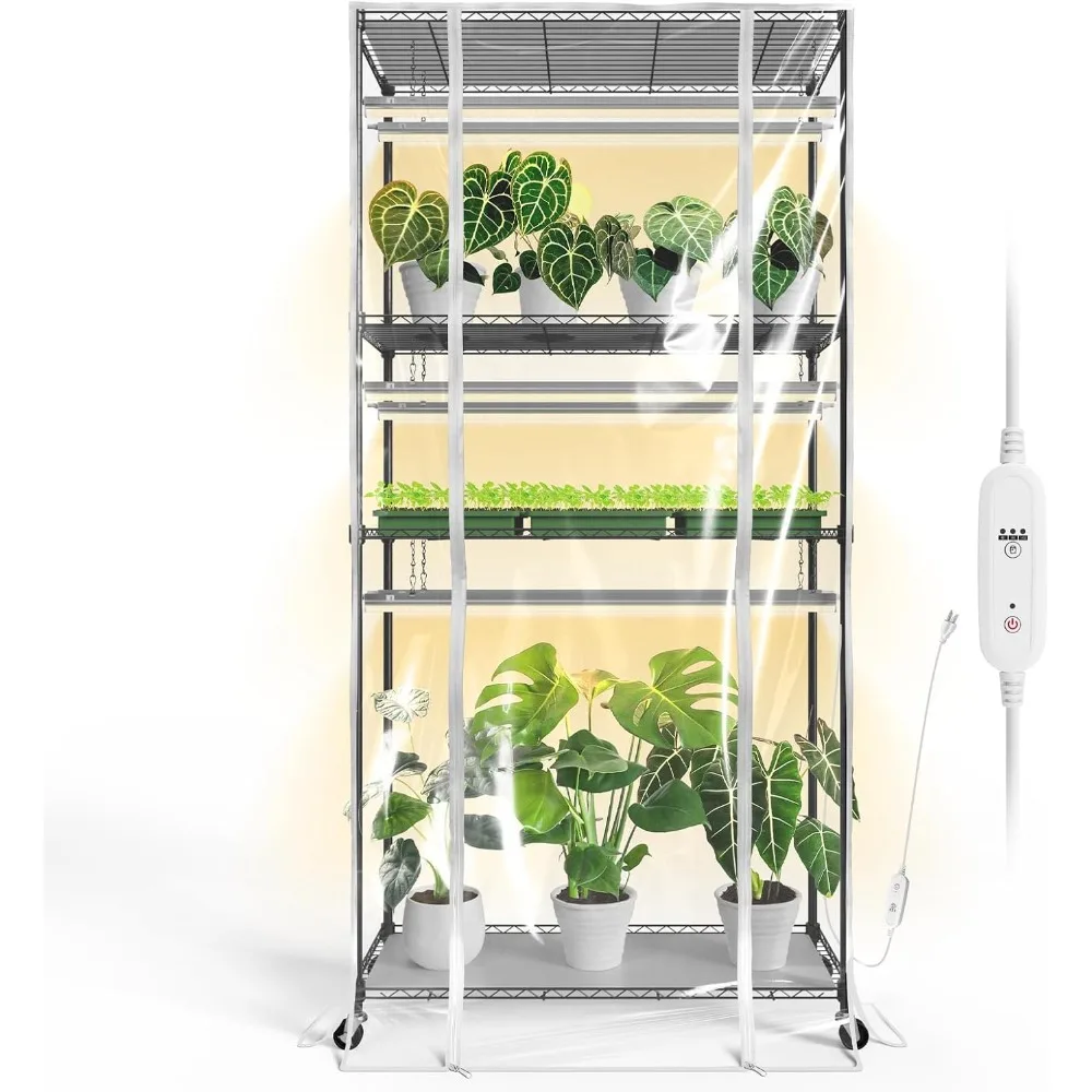 

Indoor Greenhouse with T5 Grow Lights and Timer, Tall Plant Growth Chamber with 6 Full Spectrum Light Packs and Multi-Tiered She