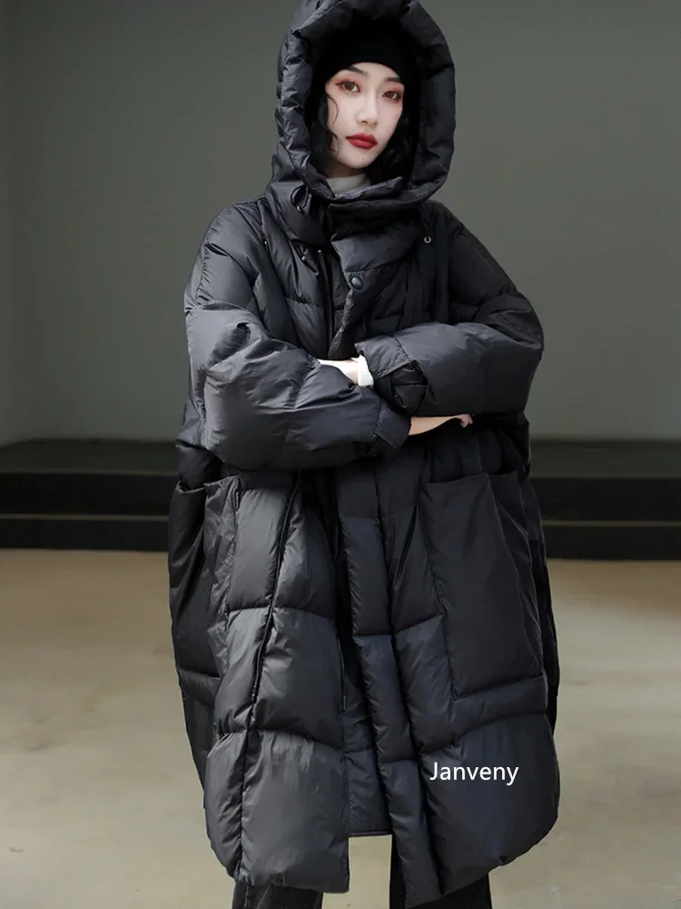 Janveny فضفاض طويل سترة منفوخة الشتاء النساء الثلوج رقيق ريشة الدافئة أبلى مقنعين 90% بطة أسفل معطف سترة سميكة JJ1127