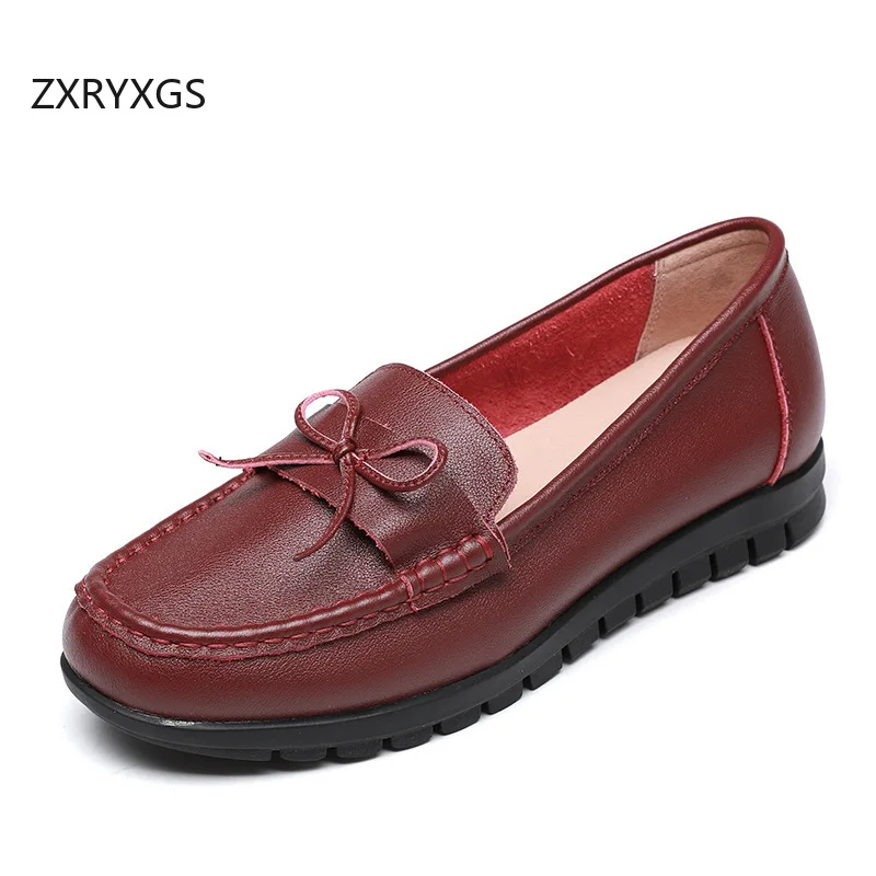 ZXRYXGS Top Layer Soft Cowhide Soft Sole Non-slip Flat Shoes 2026 Plus Size Bow Real Leather Shoes Women Fashion Casual Shoes