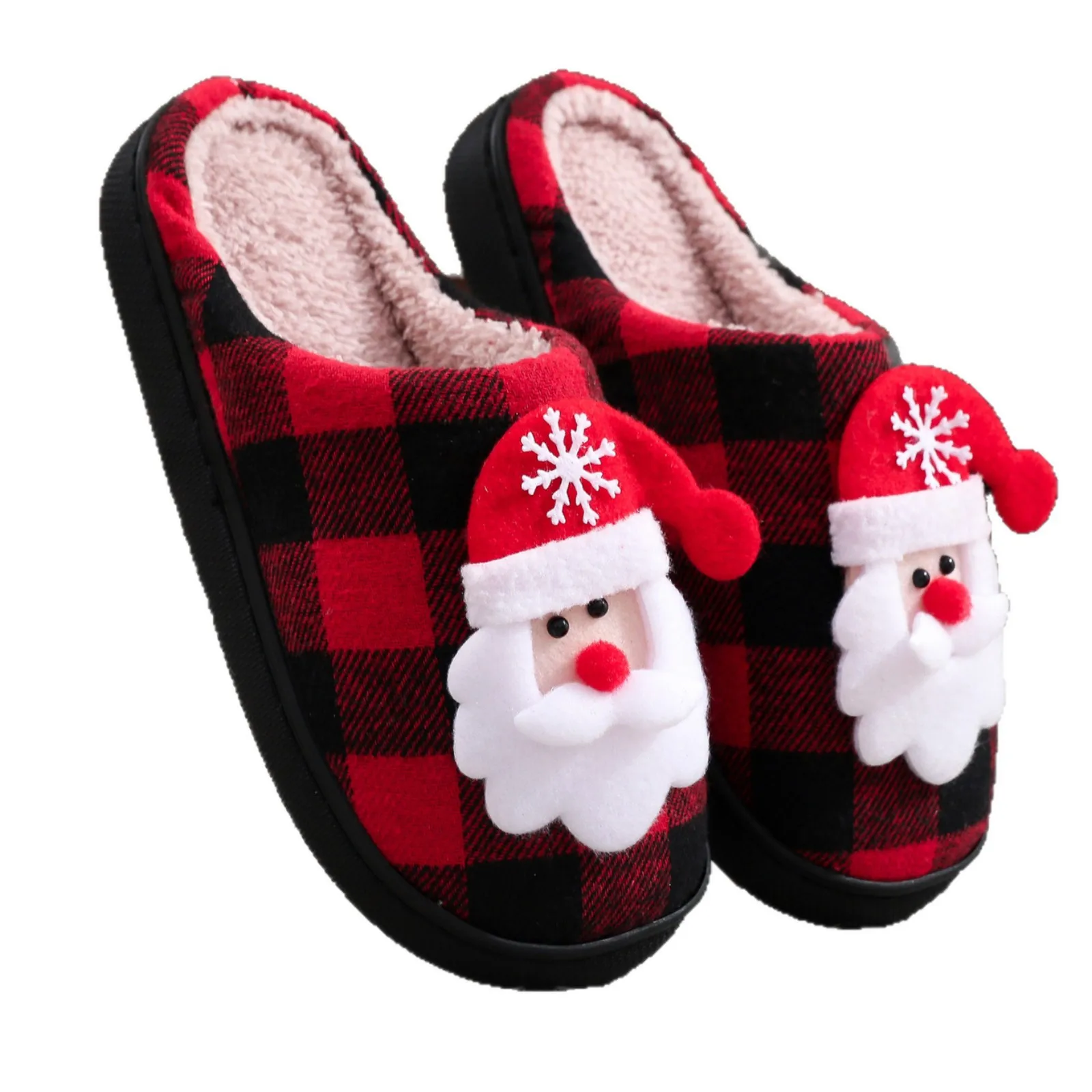 Christmas Theme Cotton Slippers with Santa Claus Black Red Plaid Design Thick Sole Cotton Slippers for Home with Warm Fleece view 5