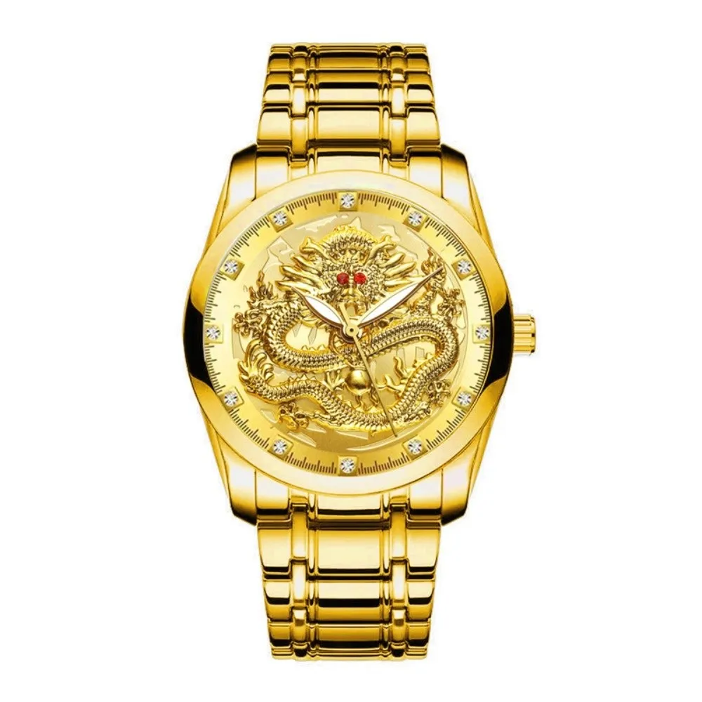 Fashion Stainless Steel Band Men's Watch Gold Color Big Dial Dragon Pattern Clock Waterproof Luminous Quartz Watch Men