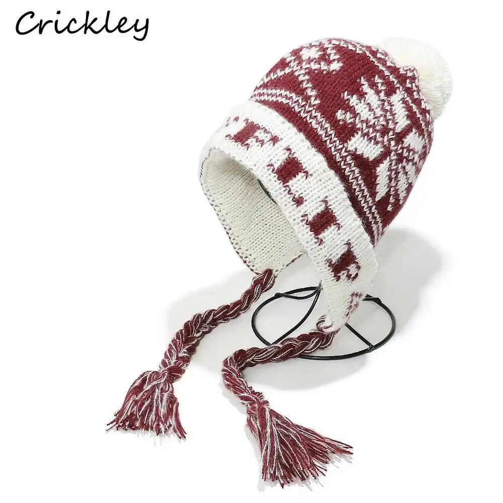 

Snowflake Teenager Children Hats Autumn Winter Pompom Fair Isle Knitted Women Ushanka Hats Soft Ear Protection Female Caps