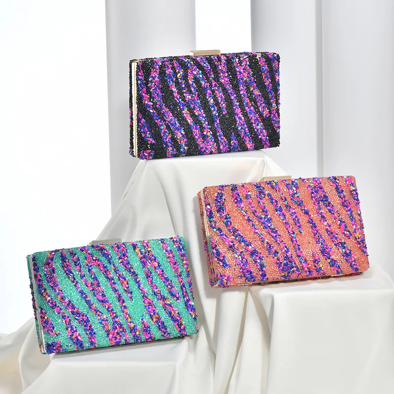 

Luxury Shiny Colorful Stones Women's Clutch Bag Zebra Stripe Diamond Evening Bag Sparkling Bags for Banquet Dinner Dress Party