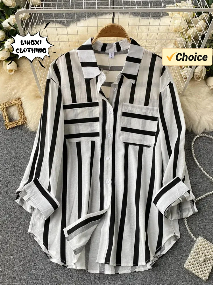 

Fashion Woman Blouse 2024 Medium Length Vertical Stripe Shirt Jacket for Women's Korean Casual Loose Fitting Elegant Top