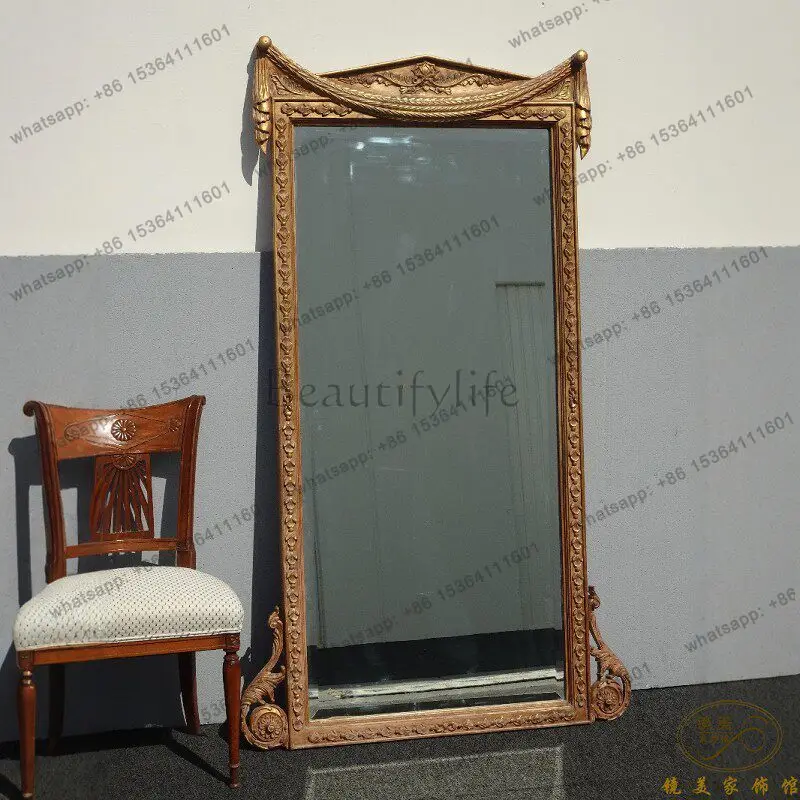 French carved retro floor mirror high-end villa wall hanging entrance fireplace mirror