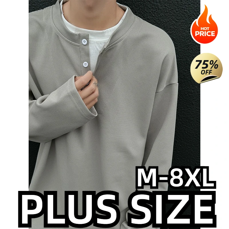 Plus Size Men T Shirt Autumn Winter Texture Long Sleeve Buttons Fashion Casual Business Keep Warm Oversized Pullover Top White