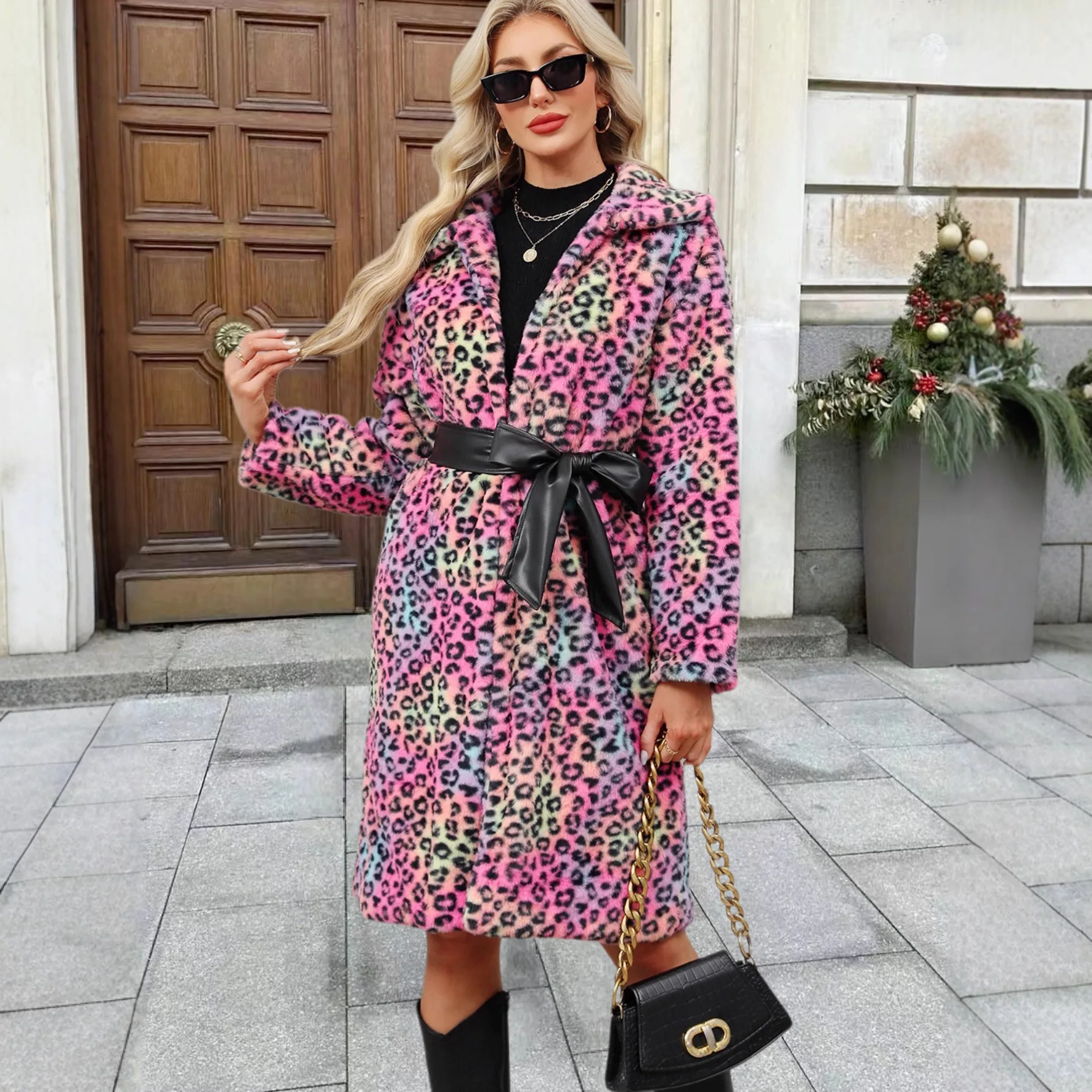 Cappotti leopardati colorati da donna Giacca lunga in pelliccia sintetica con lacci Colletto rovesciato Manica lunga Punto aperto Allentato Casual Autunno Inverno 2025