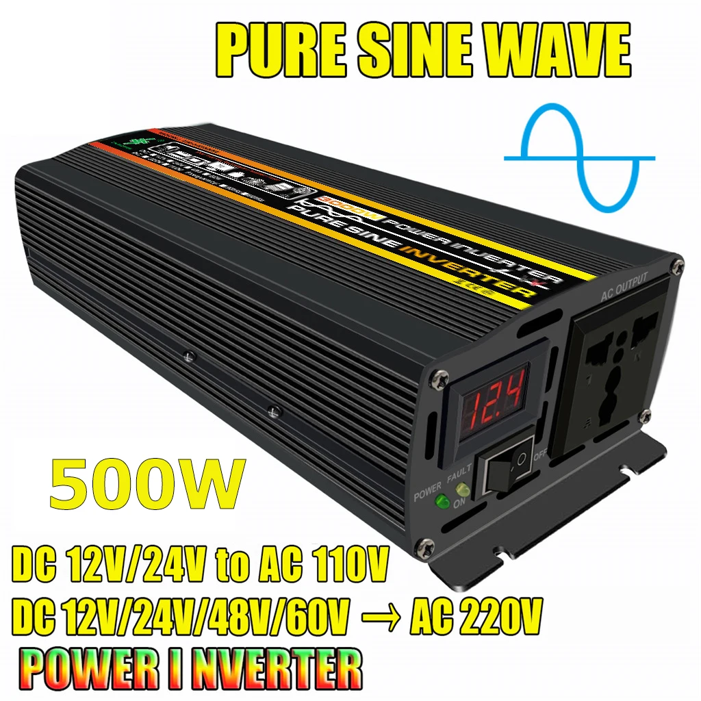 

Pure Sine Wave Inverter 500W Power DC 12V to AC 110V 220V Voltage 50/60Hz Converter Solar Car Inverters with LED Dis